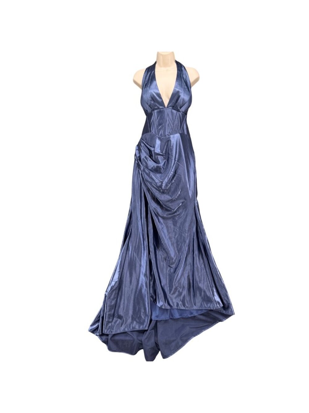 LaDivine Cinderella Divine Maxi Dress Gown Blue Metallic Satin Halter Size 2XL